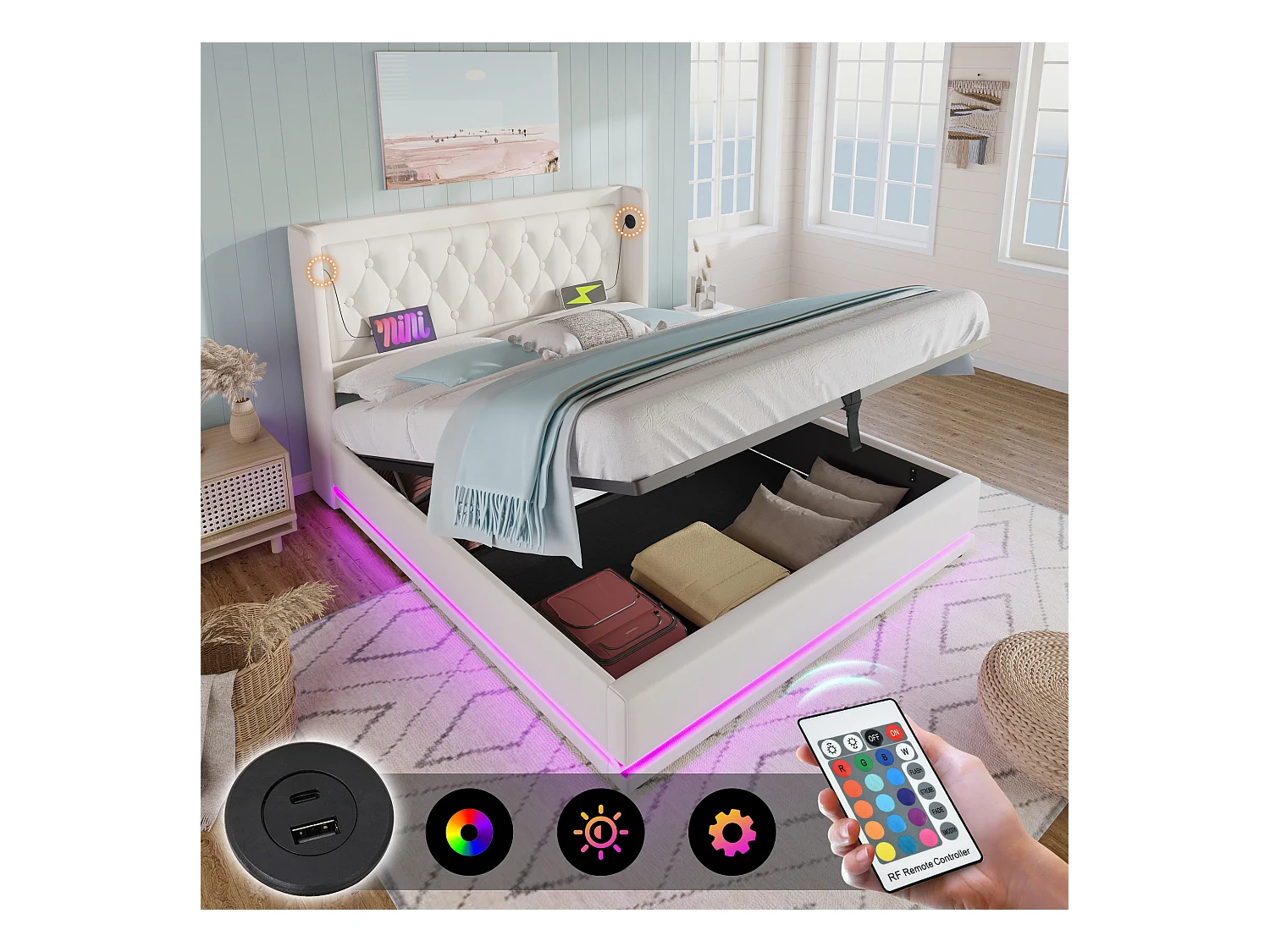 Lit coffre adulte 180x200 cm avec sommier - tête de lit capitonnée avec USB et LED - similicuir - blanc (sans matelas)