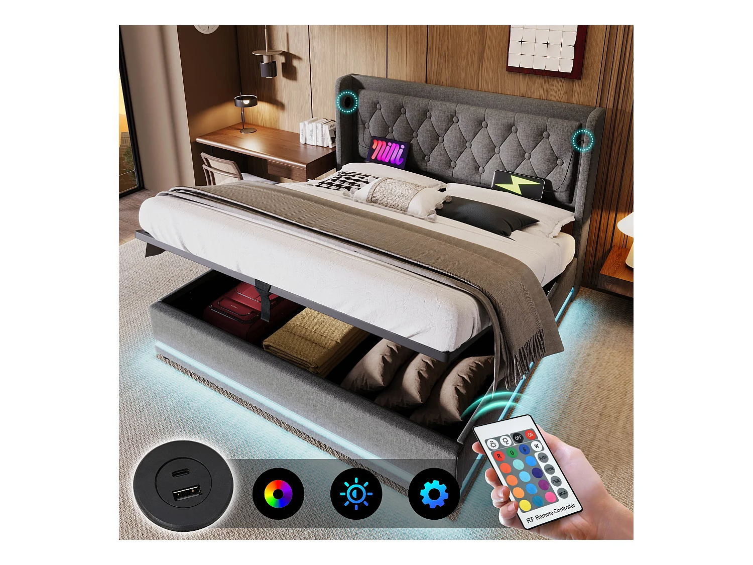 Lit coffre adulte 140x200 cm avec sommier - tête de lit capitonnée avec USB et LED - coton - gris (sans matelas)
