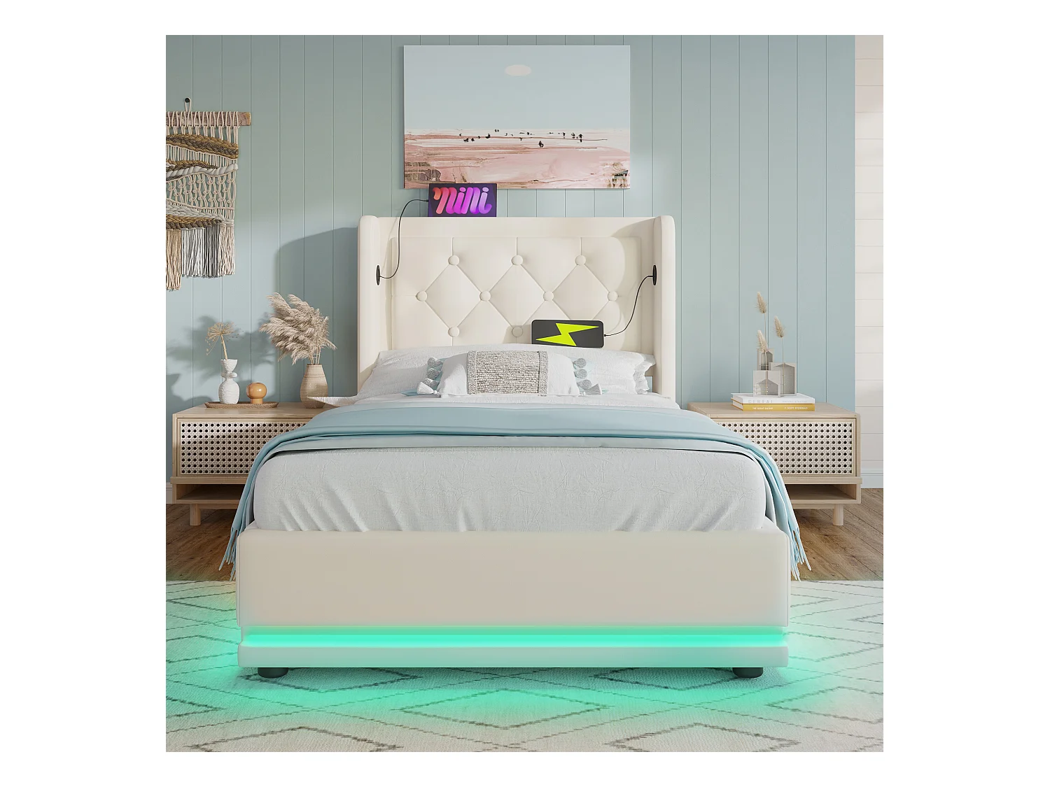 Lit coffre 90x200 cm avec sommier - tête de lit capitonnée avec USB et LED - similicuir - blanc (sans matelas)