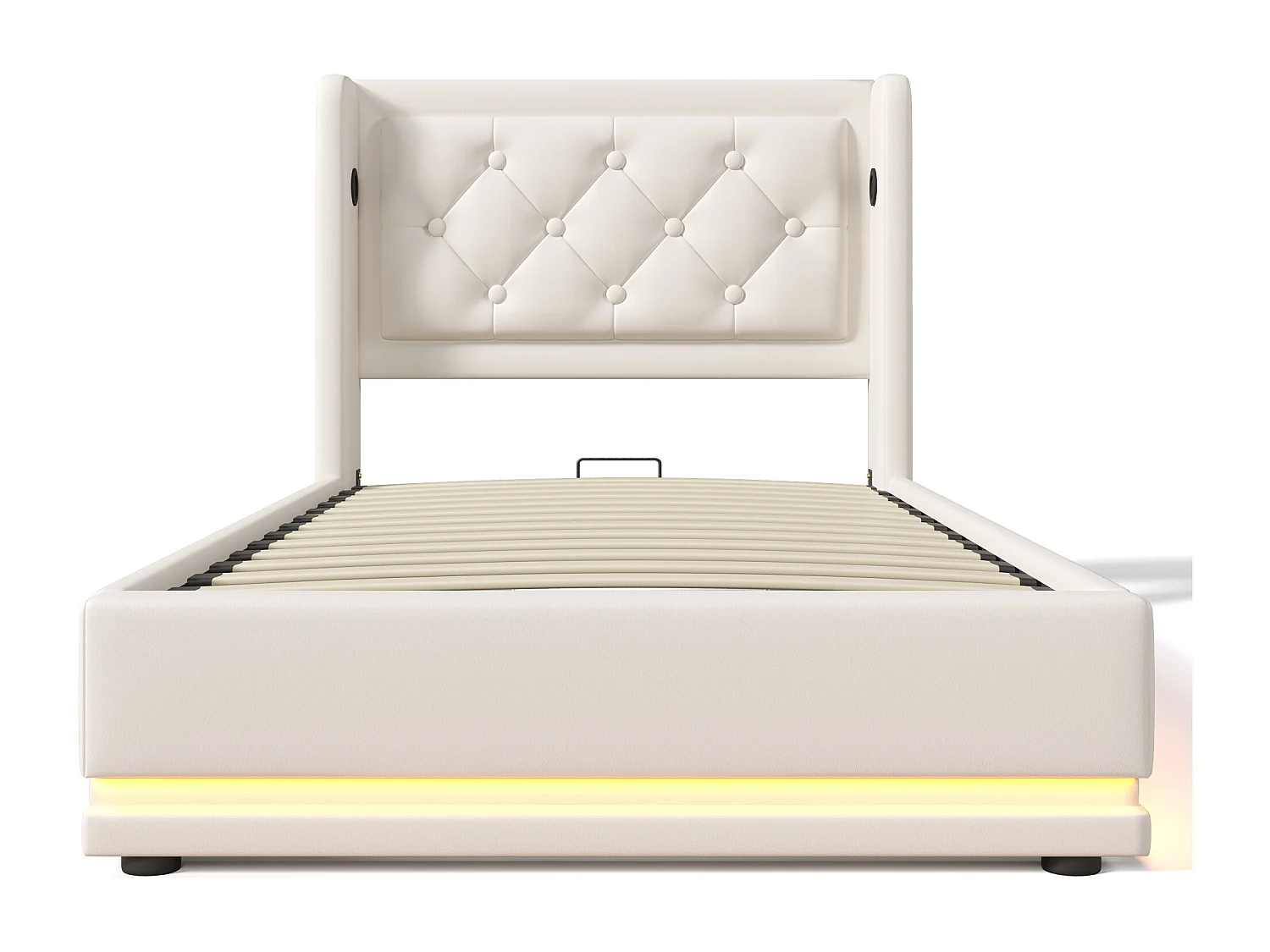 Lit coffre 90x200 cm avec sommier - tête de lit capitonnée avec USB et LED - similicuir - blanc (sans matelas)
