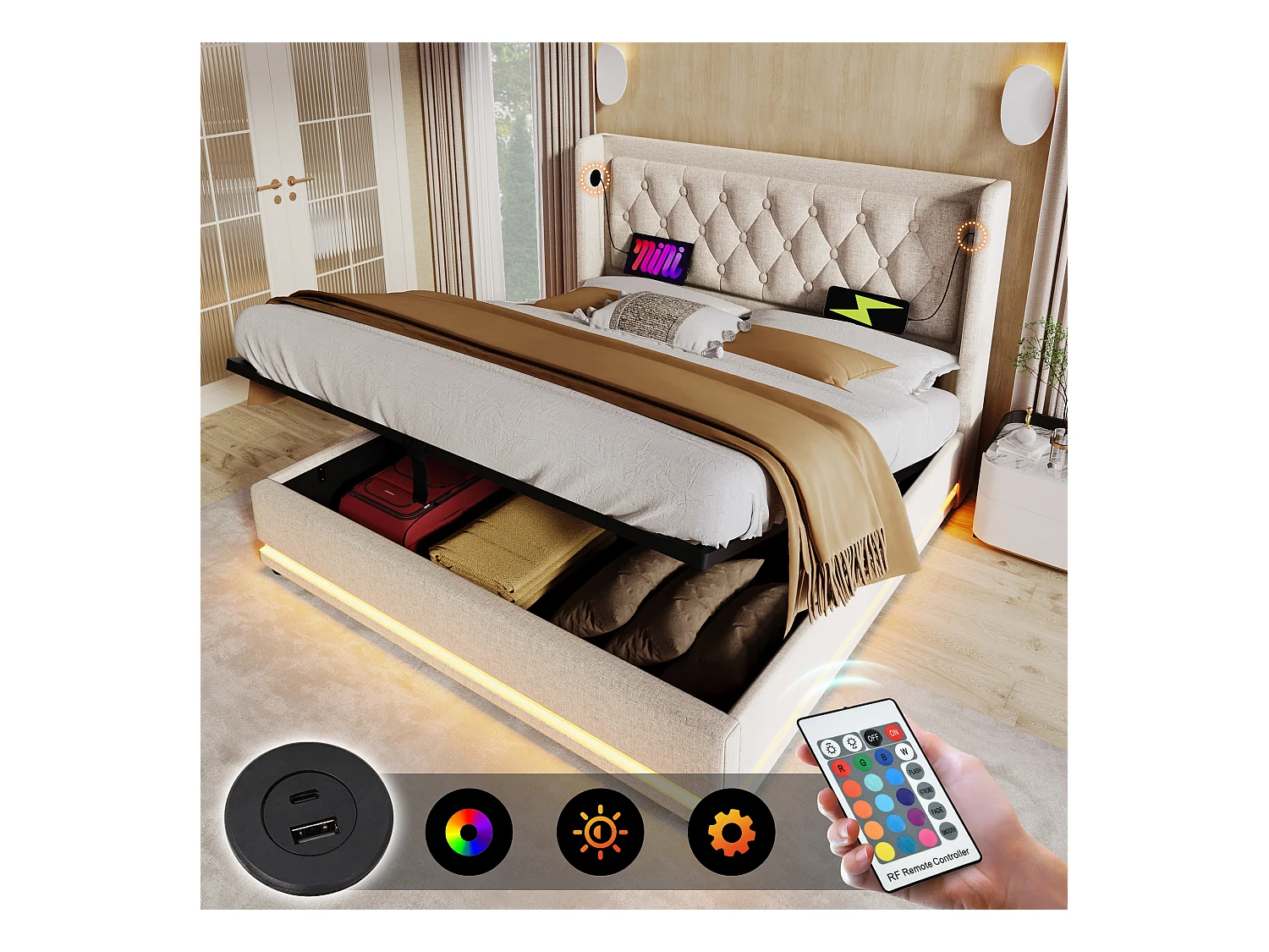 Lit coffre adulte 140x200 cm avec sommier - tête de lit capitonnée avec USB et LED - coton - beige (sans matelas)