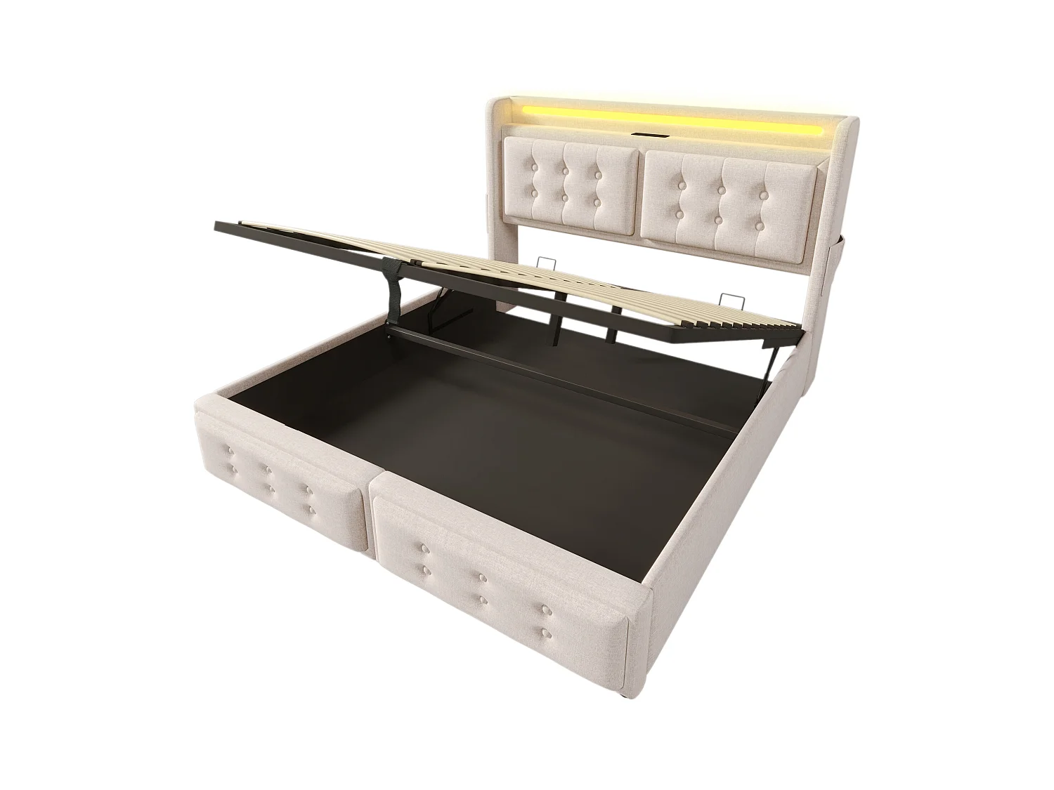Lit coffre 160x200 cm avec sommier - tête de lit capitonnée avec USB et LED - coton et lin - beige (sans matelas)