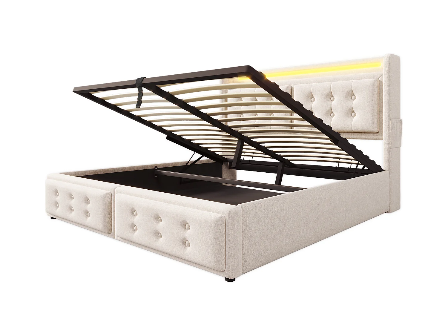 Lit coffre 160x200 cm avec sommier - tête de lit capitonnée avec USB et LED - coton et lin - beige (sans matelas)