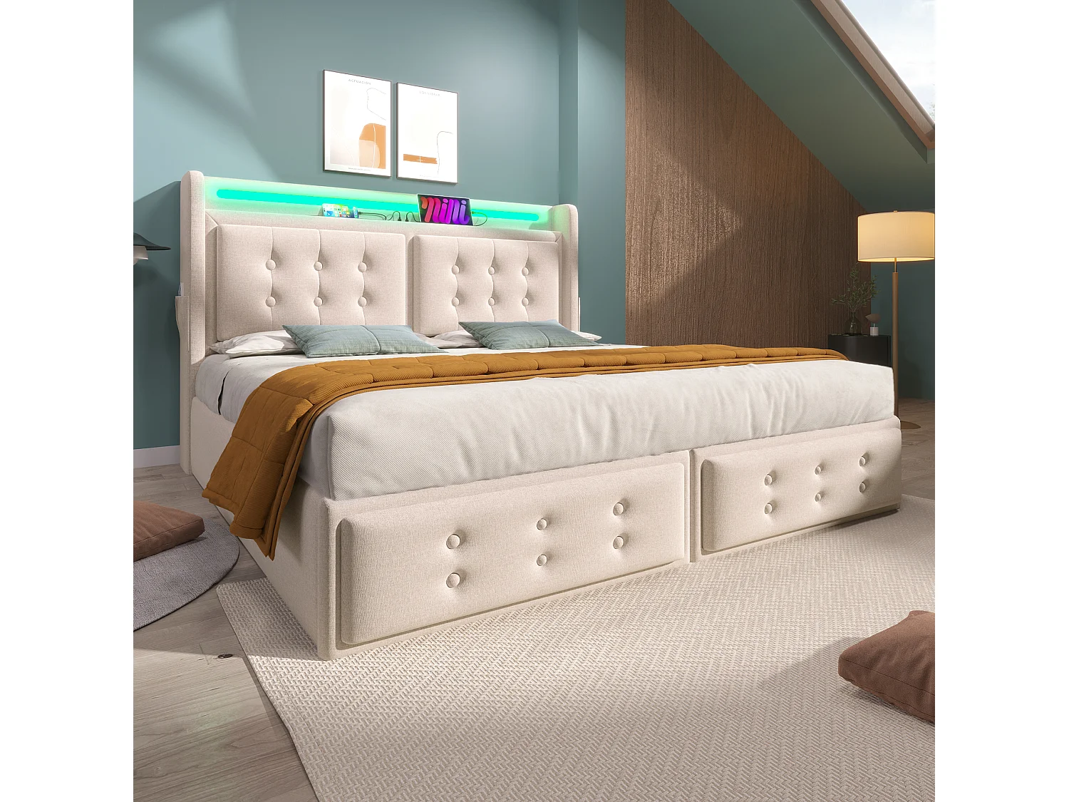 Lit coffre 160x200 cm avec sommier - tête de lit capitonnée avec USB et LED - coton et lin - beige (sans matelas)