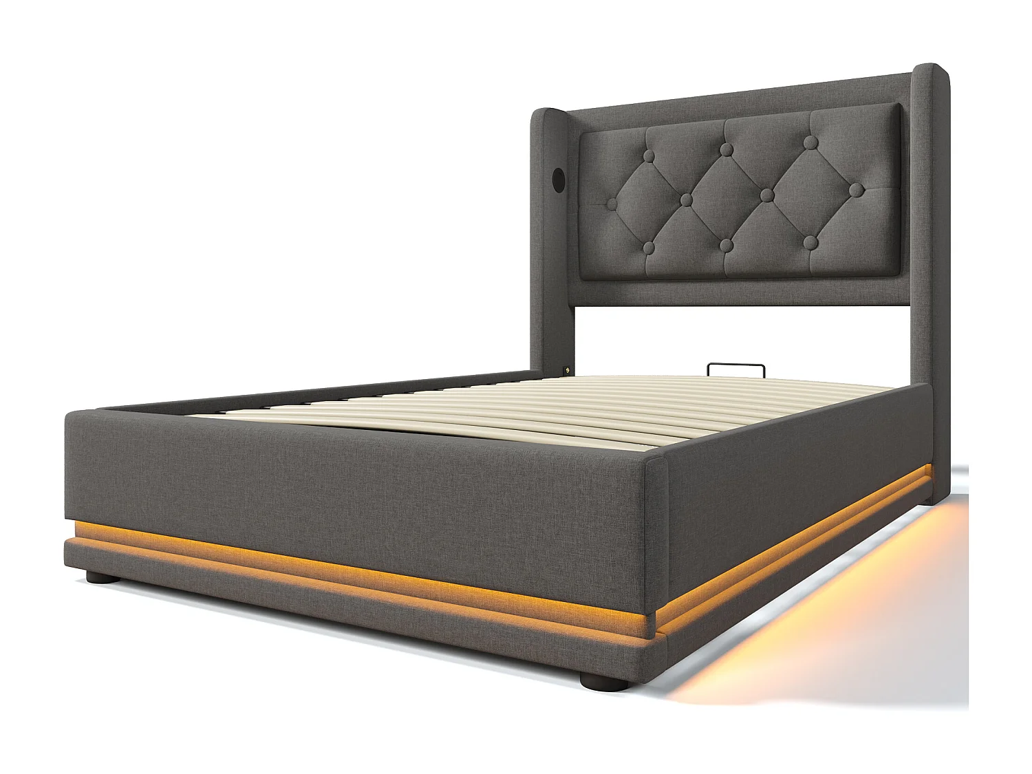 Cama infantil con canapé 90x200 cm con base - cabecero acolchado con USB y LED - algodón - gris (sin colchón)