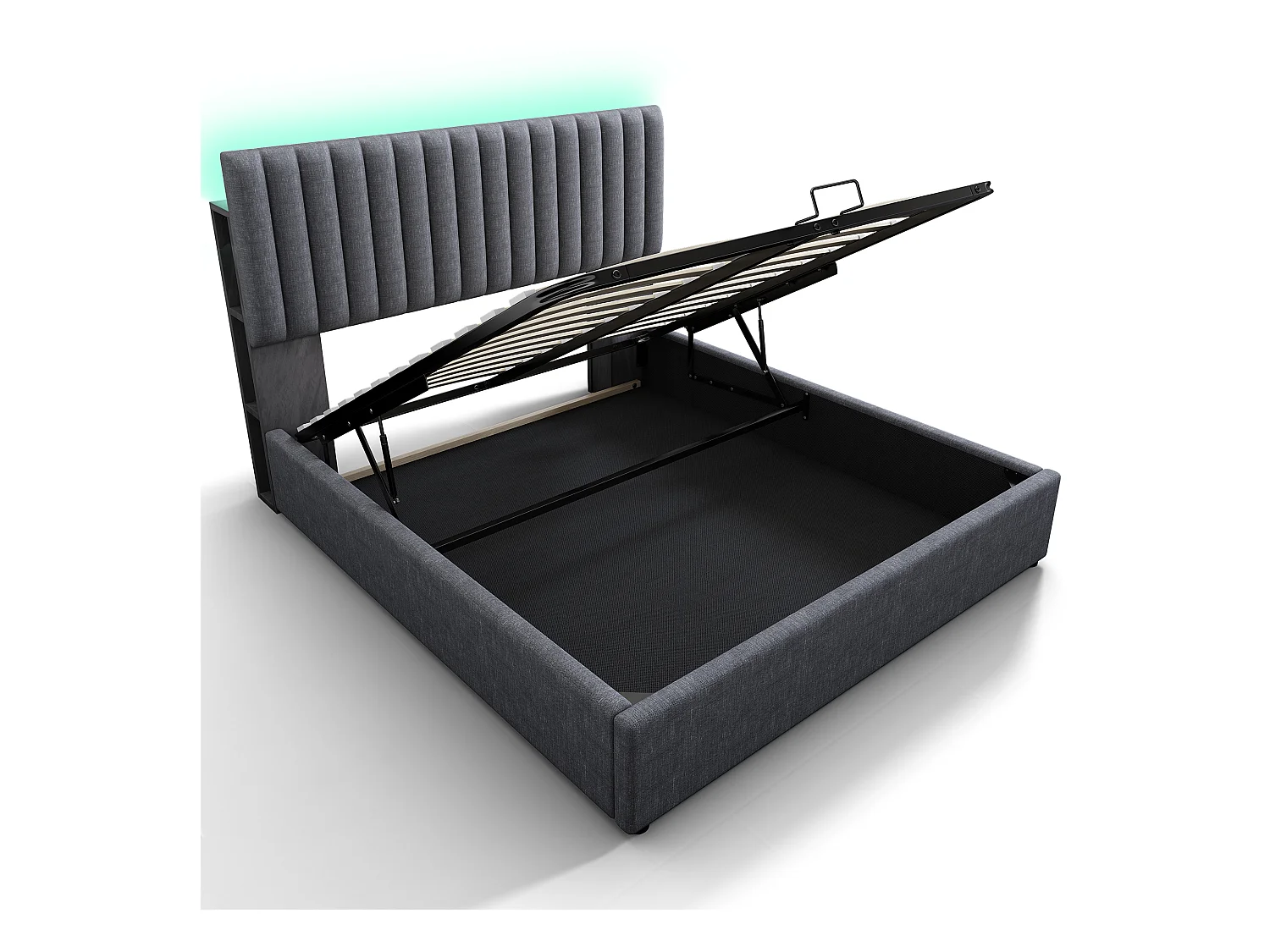 Lit coffre 140x200cm avec sommier - tête de lit réglable avec USB et LED - lin gris (sans matelas)