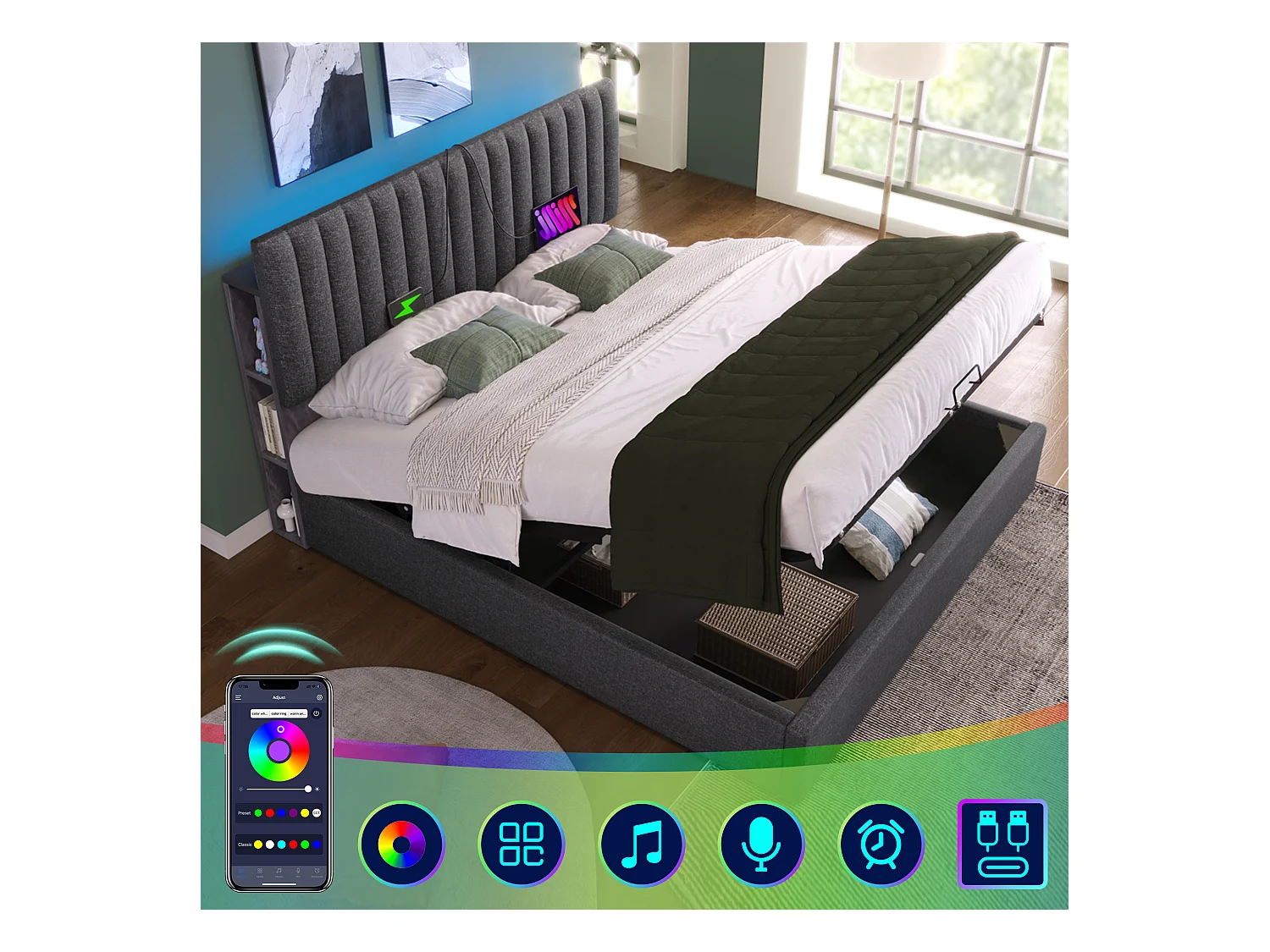 Lit coffre adulte 140x200cm avec sommier - tête de lit réglable avec USB et LED - lin gris (sans matelas)