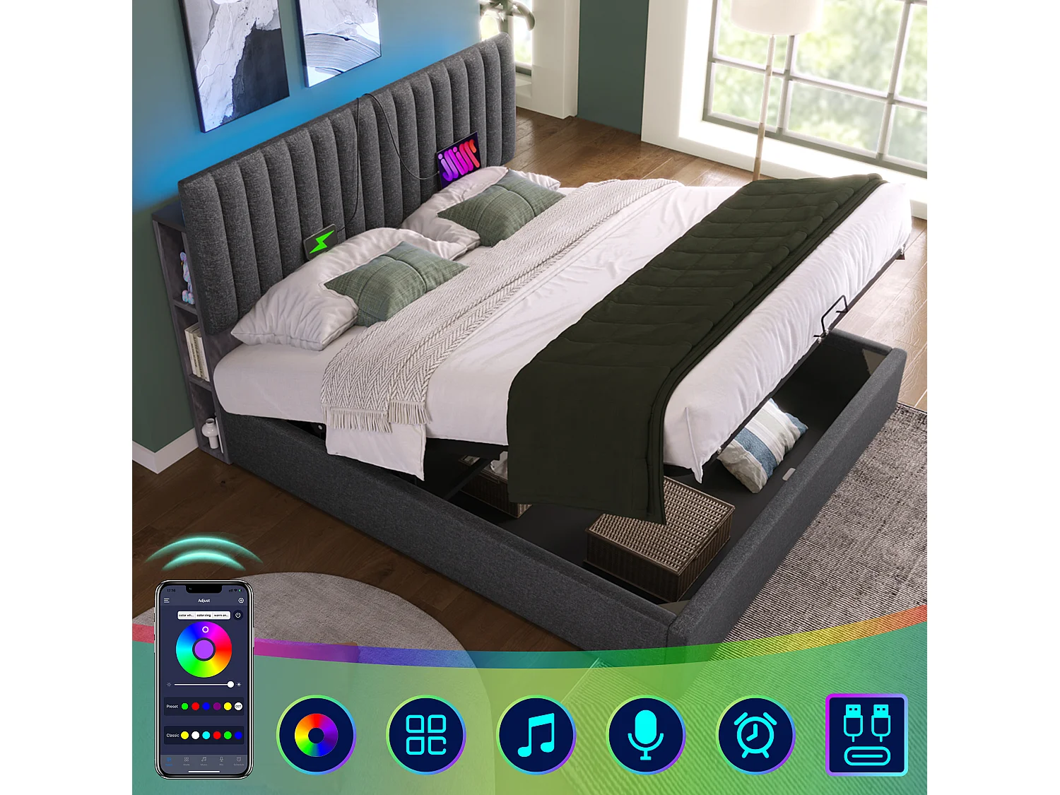 Cama canapé adulto 140x200cm con base - cabecero regulable con USB y LED - lino gris (sin colchón)