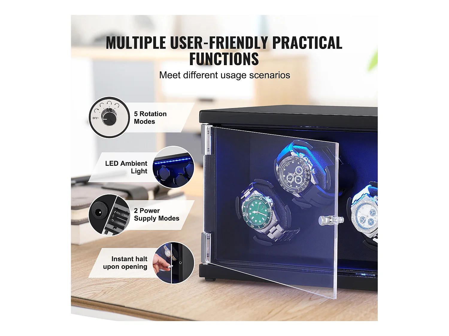 Remontoir Montre Automatique SucceBuy, pour 4 Montres Automatiques avec 2 Moteurs Japonais Silencieux