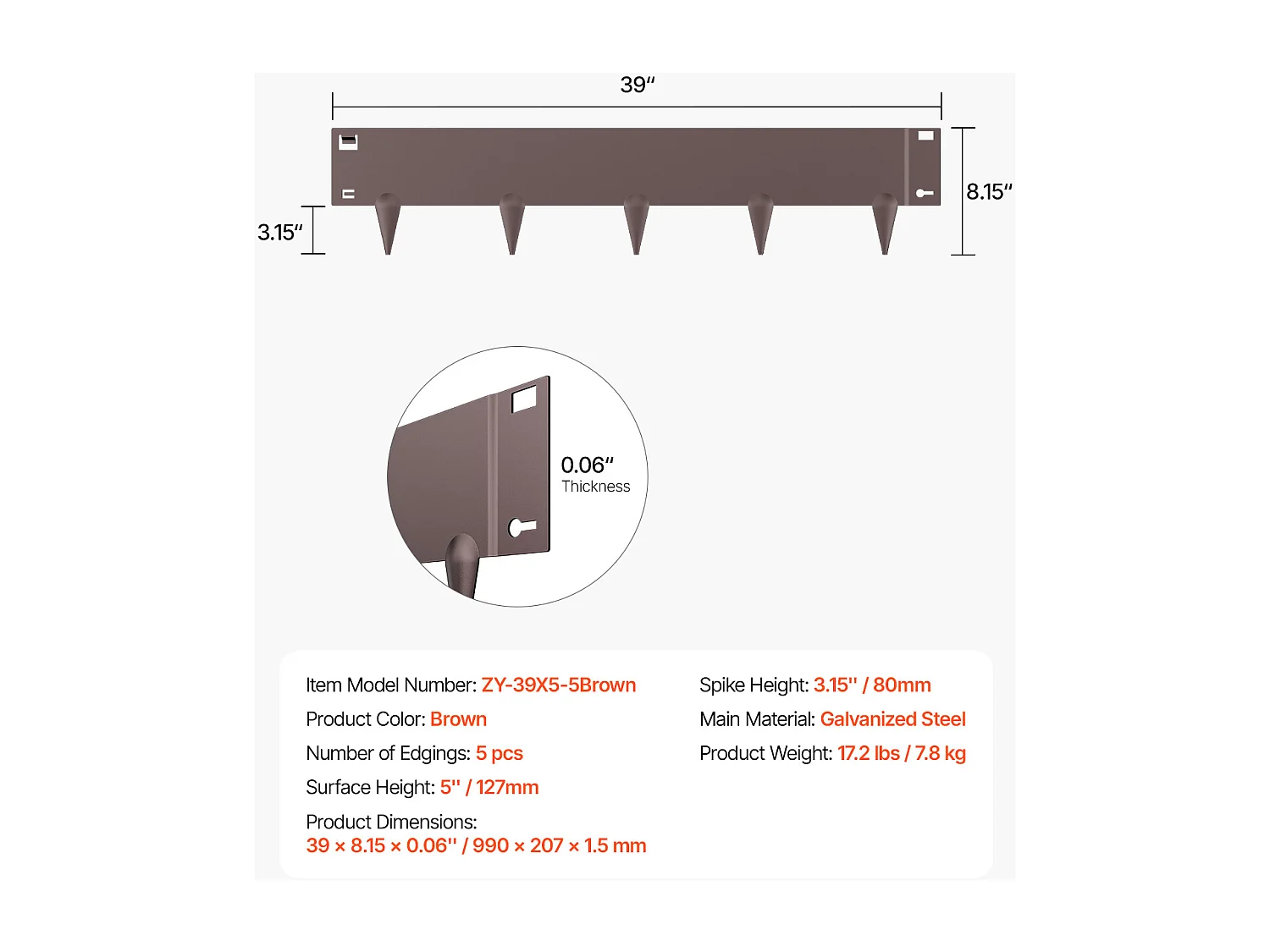 Obrzeże Ogrodowe SucceBuy ze Stali, Odporne na Rdzę, 5 Sztuk, 99 x 20,7 cm, Brązowe