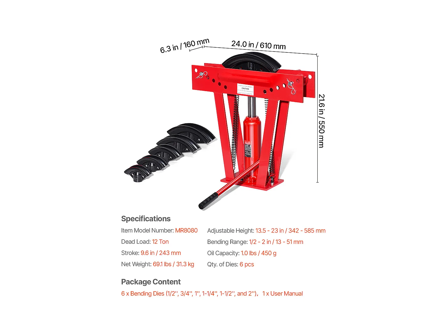 Curvatrice per Tubi Idraulica SucceBuy, 12 Tonnellate, Strumento Manuale con 6 Matrici, Robusta, Rotoli Regolabili a 90-180°