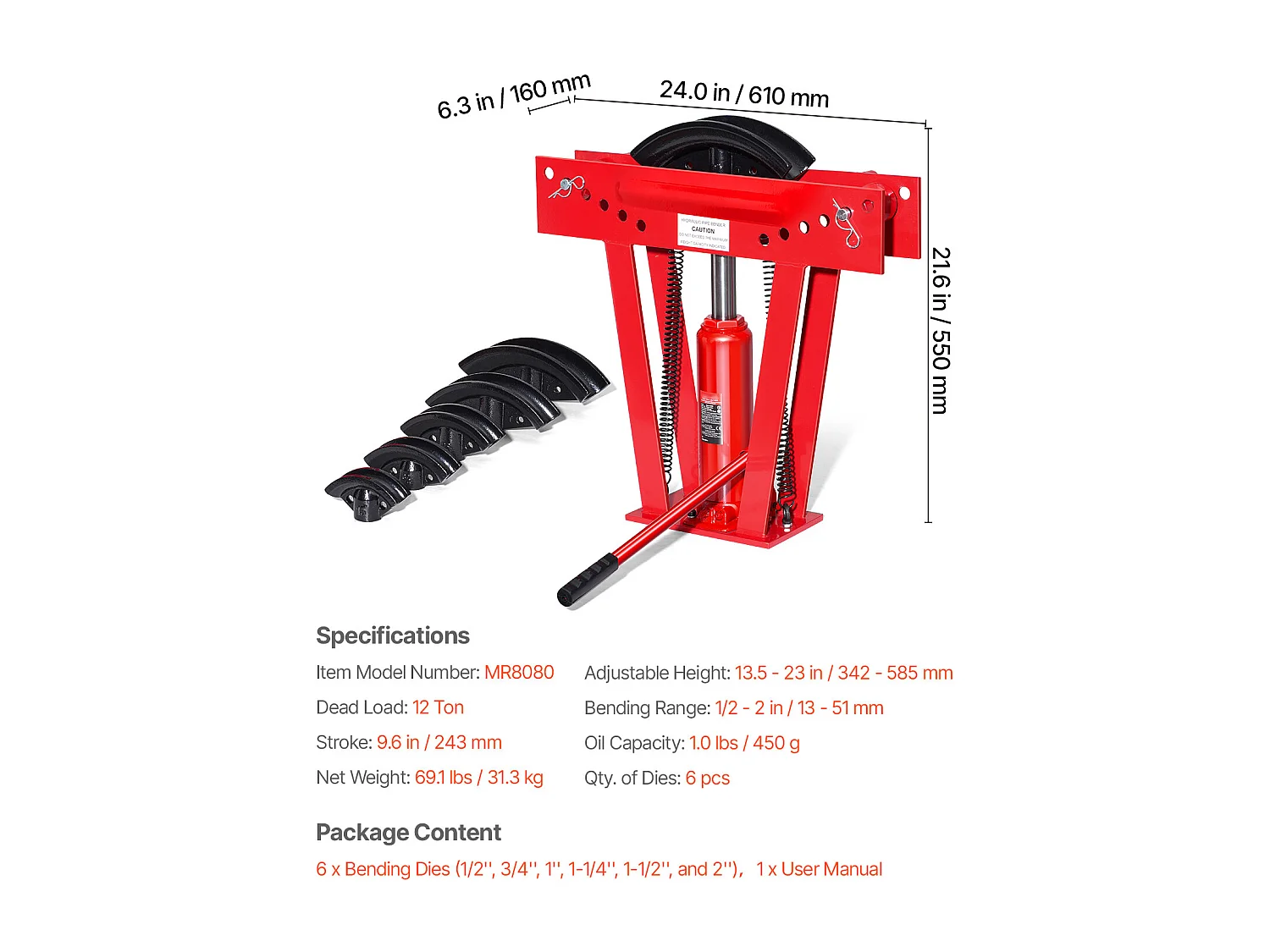 Cintreuse de Tubes Hydraulique SucceBuy, 12 Tonnes, Outil Manuel avec 6 Matrices, Robuste, Rouleaux Réglables à 90-180°