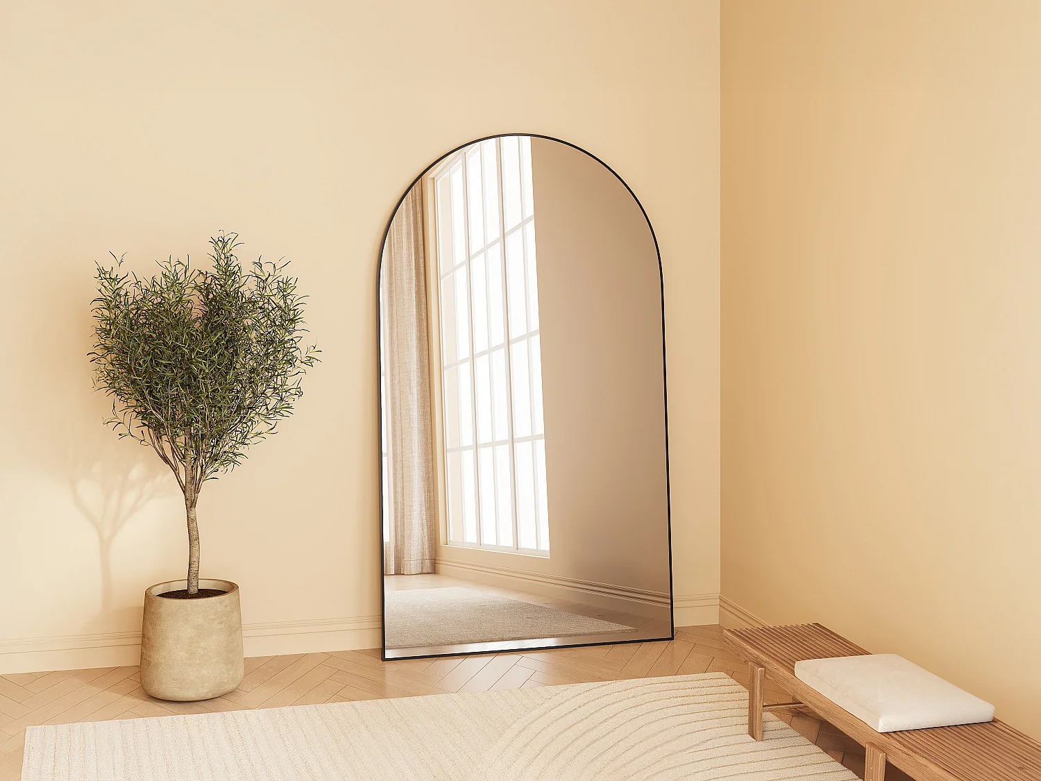 Grand miroir arche en aluminium - L. 110 x H. 190 cm - Noir - OLYVEN