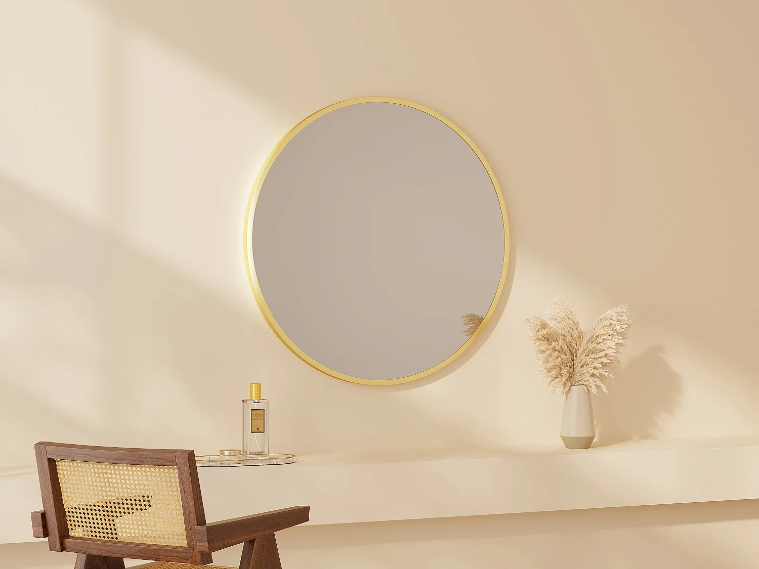 Grand miroir mural rond en aluminium - D. 80 cm - Doré - ELYRO