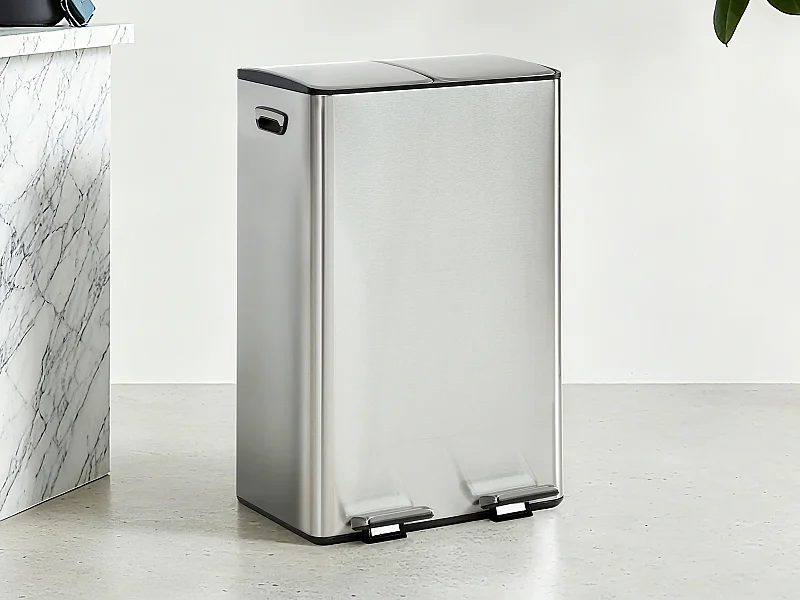 Poubelle de tri sélectif à pédales  en inox - 2 bacs de 30L - Chrome - GANEM