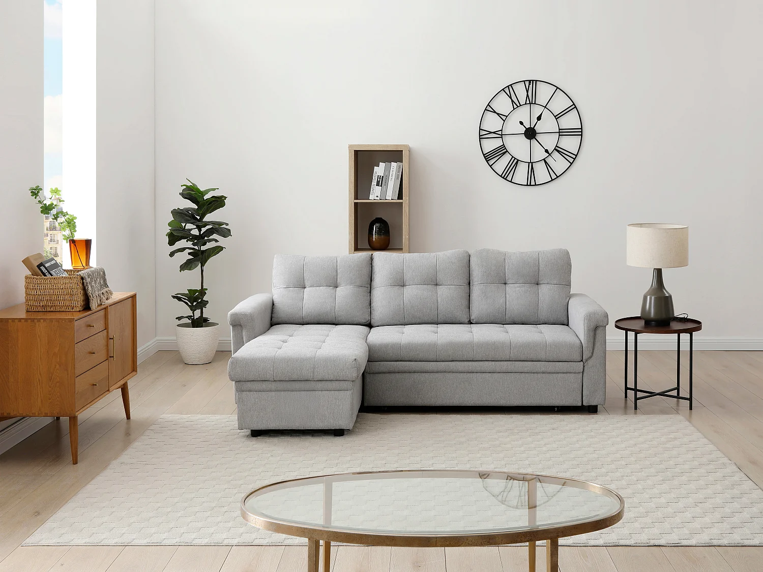 Canapé d'angle convertible et réversible en tissu gris clair DERAMOP