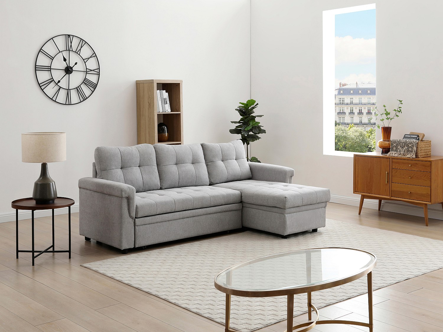 Ecksofa mit Schlaffunktion, umstellbar – Stoff – Hellgrau – DERAMOP günstig online kaufen