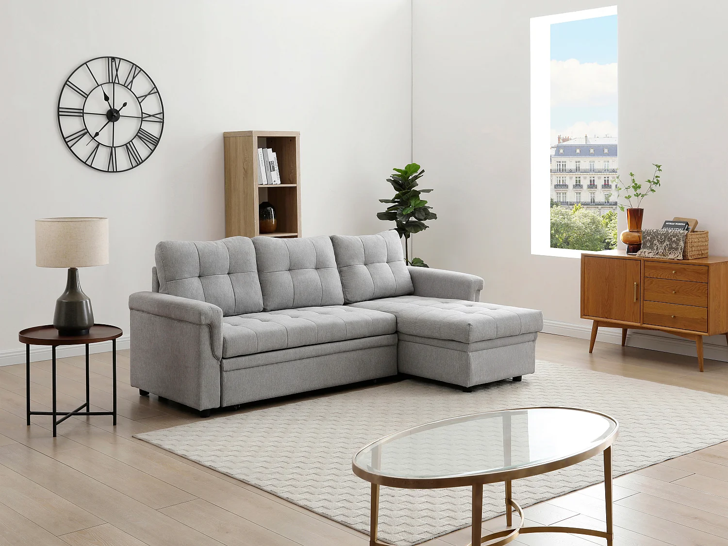 Canapé d'angle convertible et réversible en tissu gris clair DERAMOP