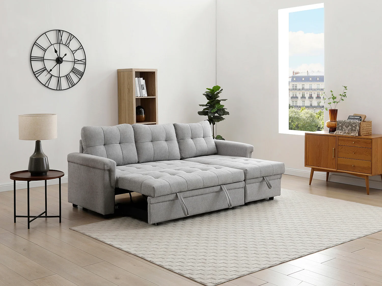 Canapé d'angle convertible et réversible en tissu gris clair DERAMOP