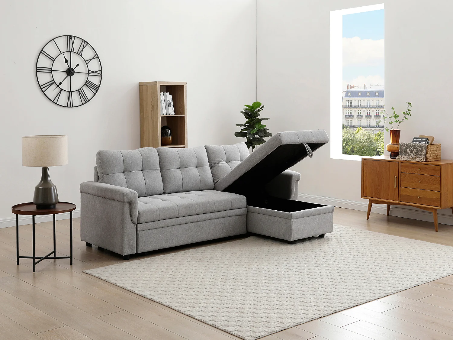 Canapé d'angle convertible et réversible en tissu gris clair DERAMOP