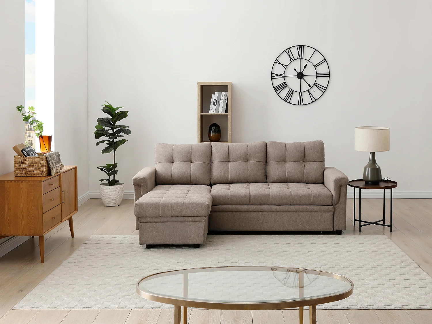 Canapé d'angle convertible et réversible en tissu taupe DERAMOP