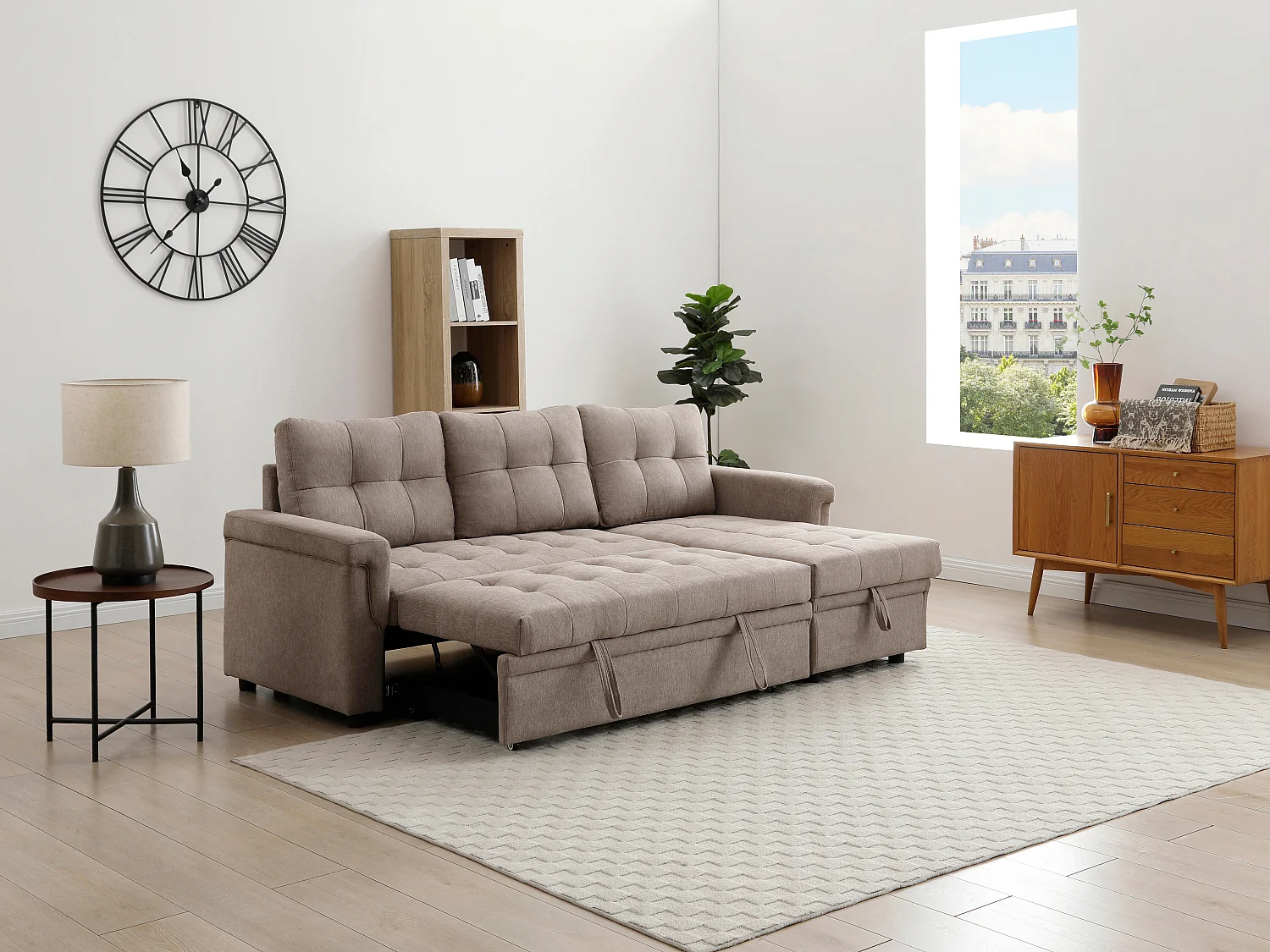 Canapé d'angle convertible et réversible en tissu taupe DERAMOP