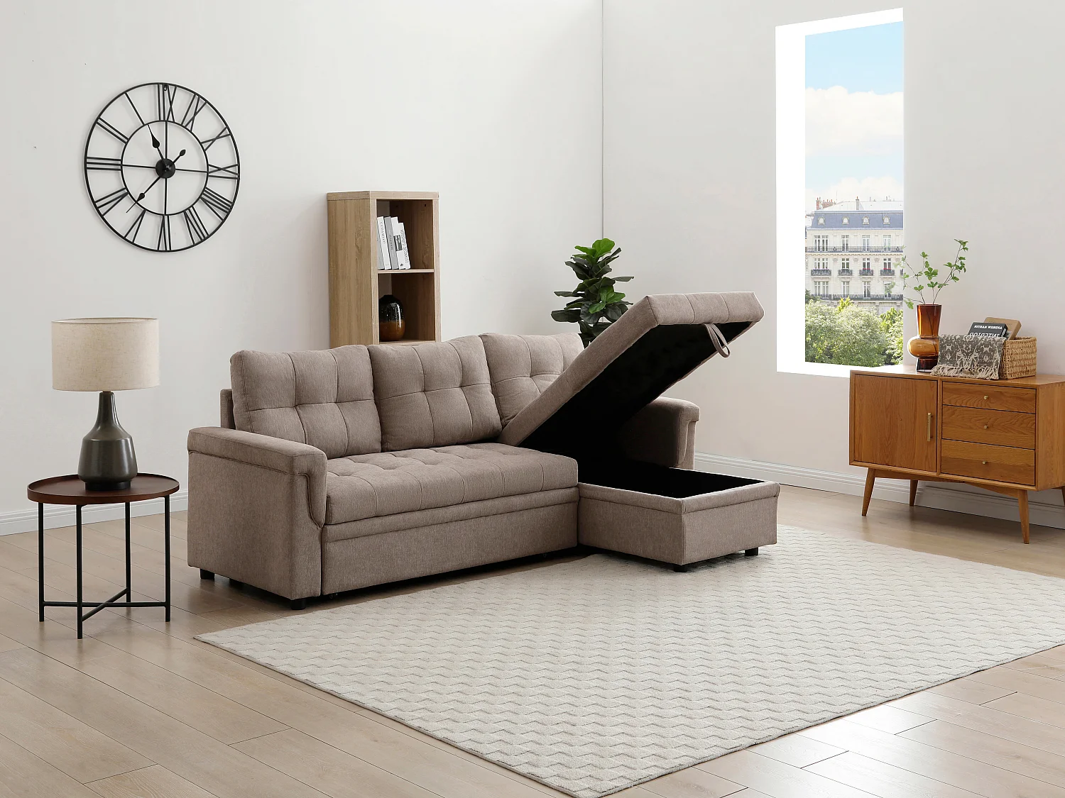 Canapé d'angle convertible et réversible en tissu taupe DERAMOP