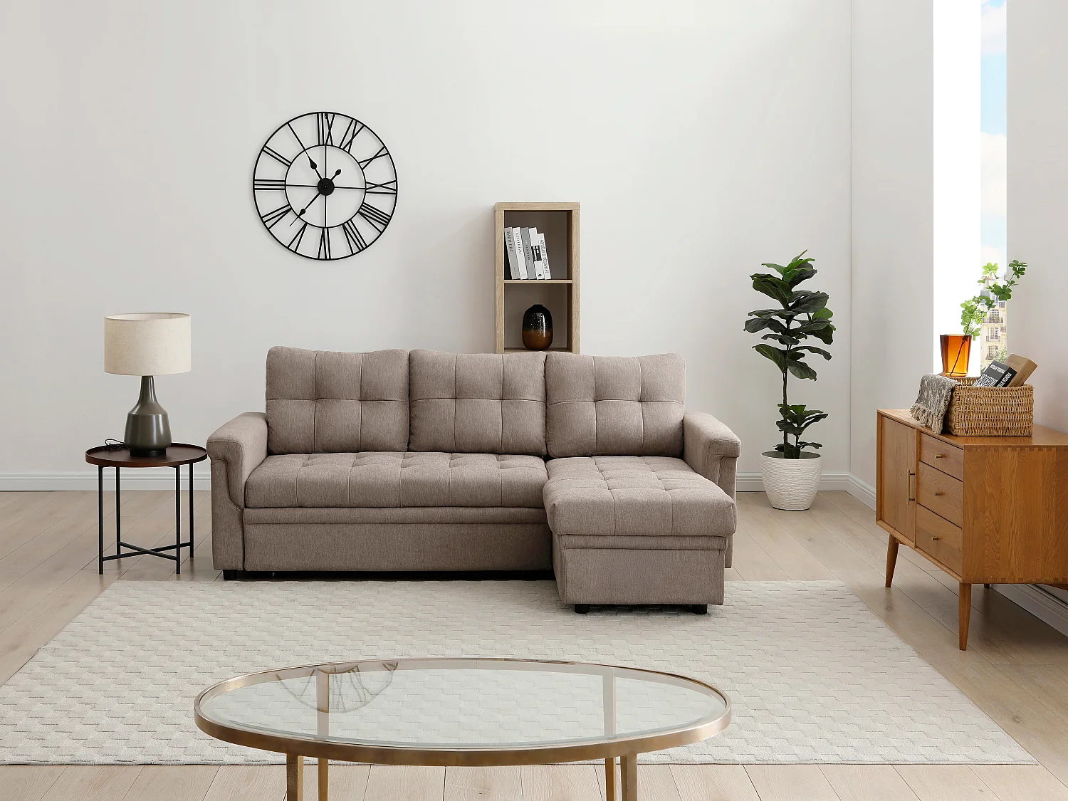 Canapé d'angle convertible et réversible en tissu taupe DERAMOP