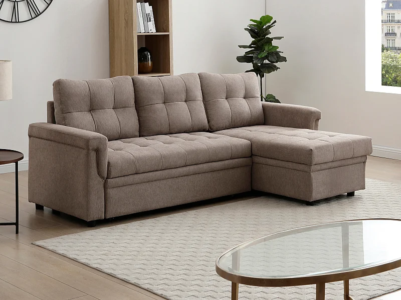 Canapé d'angle convertible et réversible en tissu taupe DERAMOP