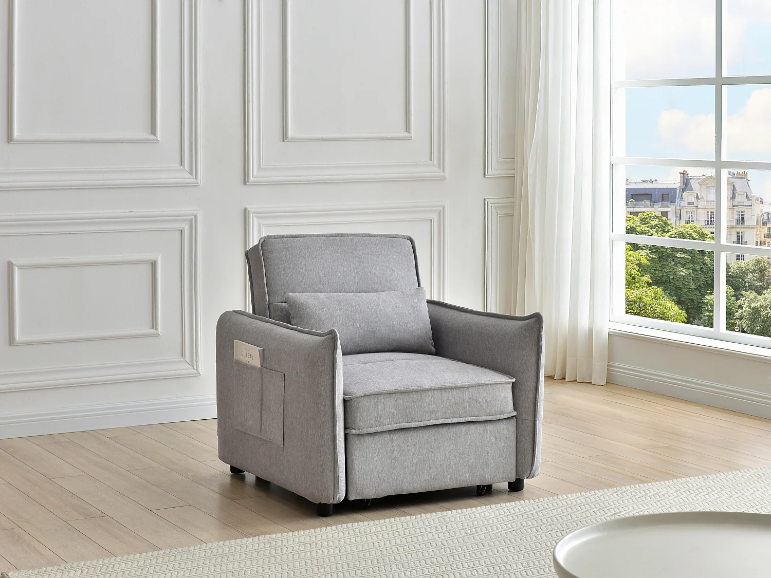 Fauteuil convertible en tissu gris clair FENORA