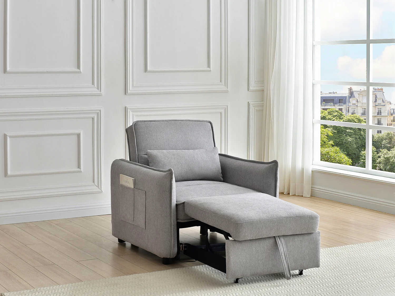 Fauteuil convertible en tissu gris clair FENORA