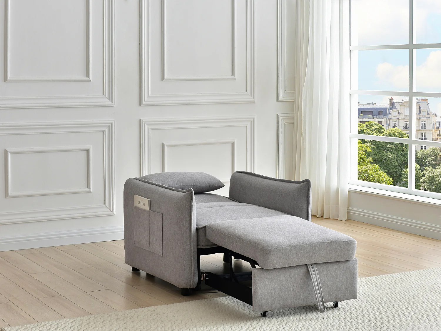 Fauteuil convertible en tissu gris clair FENORA
