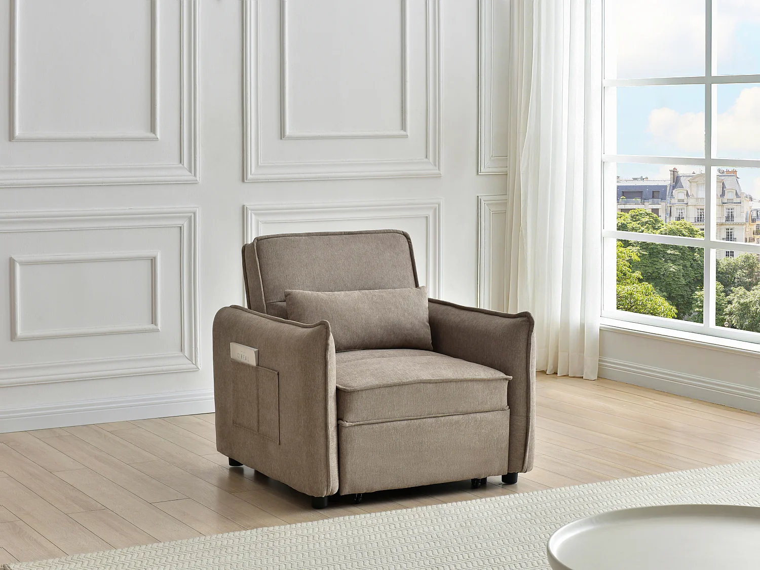 Fauteuil convertible en tissu taupe FENORA