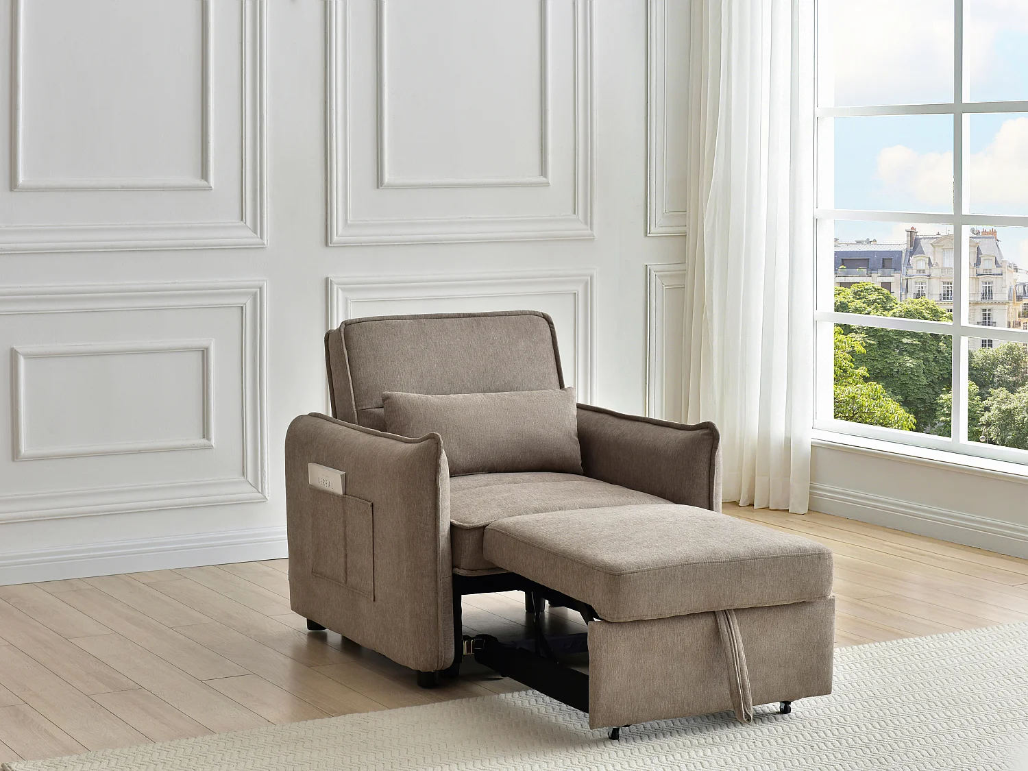 Fauteuil convertible en tissu taupe FENORA
