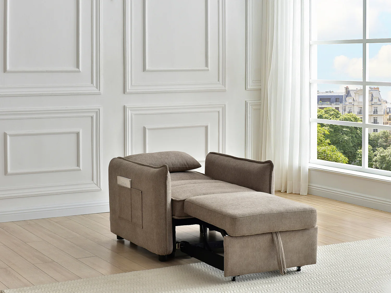 Fauteuil convertible en tissu taupe FENORA