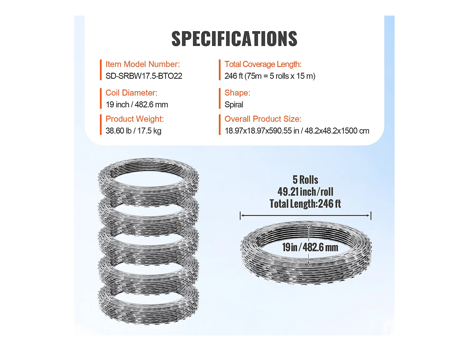 Fil de Fer Barbelé SucceBuy, Clôture en Fil de Fer Barbelé de 75 m, 5 Rouleaux, avec Gants et Lames de Rasoir Ultra-Tranchantes