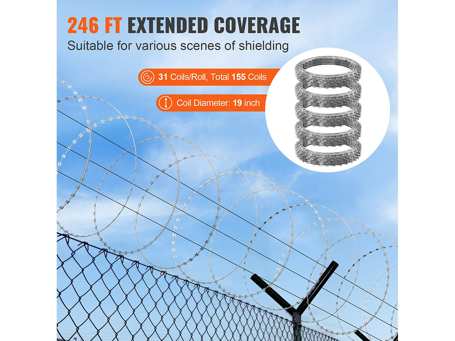 Fil de Fer Barbelé SucceBuy, Clôture en Fil de Fer Barbelé de 75 m, 5 Rouleaux, avec Gants et Lames de Rasoir Ultra-Tranchantes