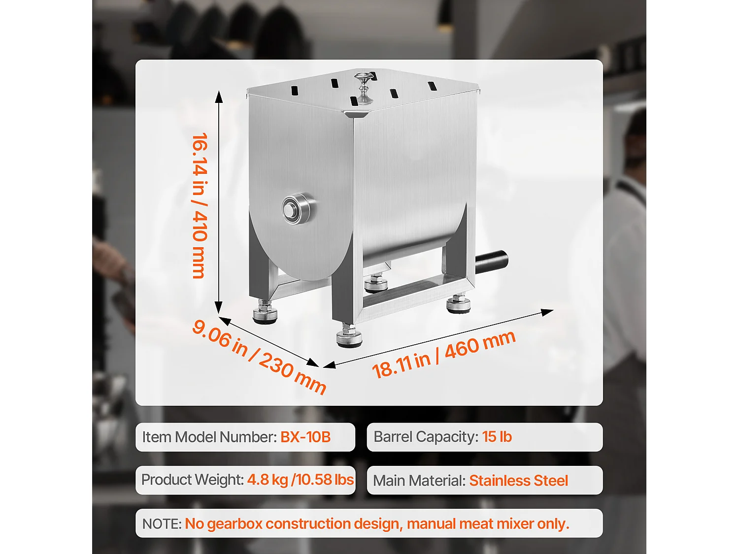 Mélangeur à Viande SucceBuy, Manuel à Réservoir Fixe 15 L en Inox pour Chair à Saucisse