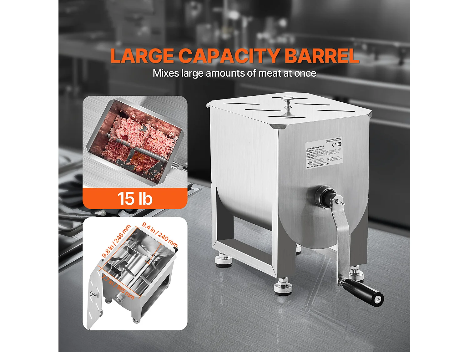 Mélangeur à Viande SucceBuy, Manuel à Réservoir Fixe 15 L en Inox pour Chair à Saucisse