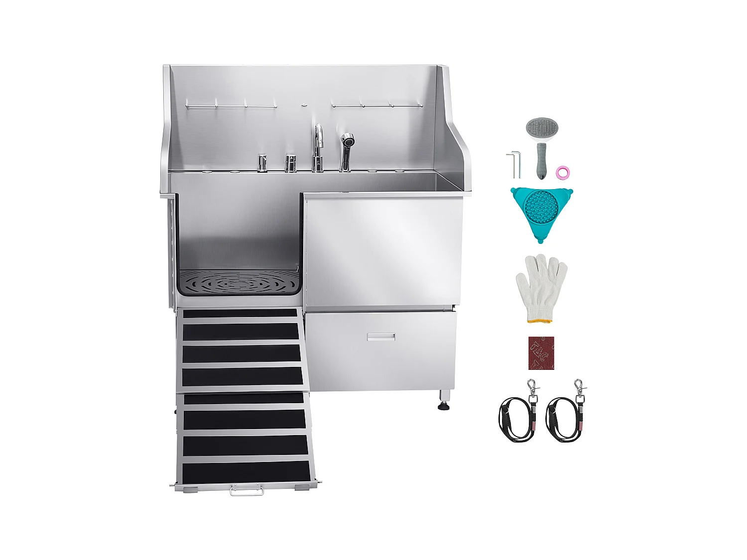 Baignoire de Chien SucceBuy, Animaux Compagnie Acier Inox 127,5cm, Rampe Porte Gauche