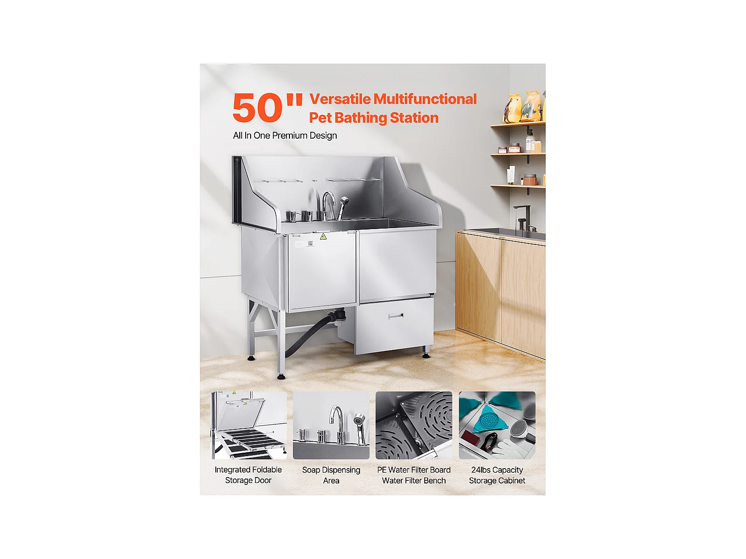 Baignoire de Chien SucceBuy, Animaux Compagnie Acier Inox 127,5cm, Rampe Porte Gauche