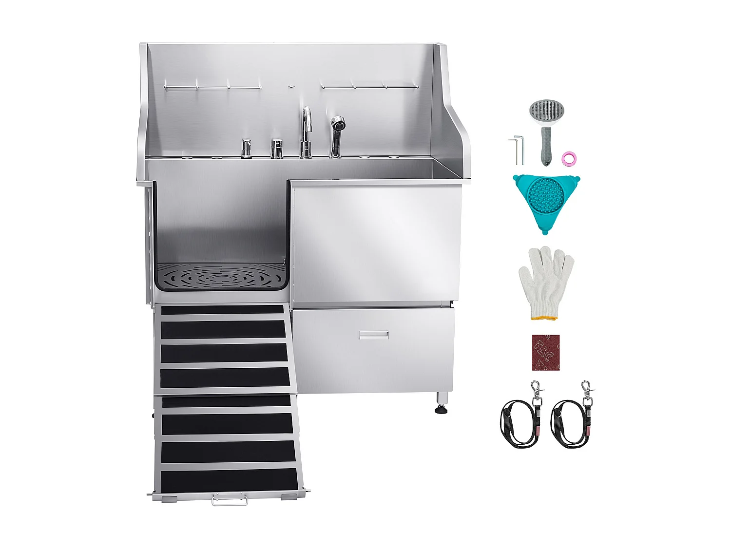 Baignoire de Chien SucceBuy, Animaux Compagnie Acier Inox 127,5cm, Rampe Porte Gauche