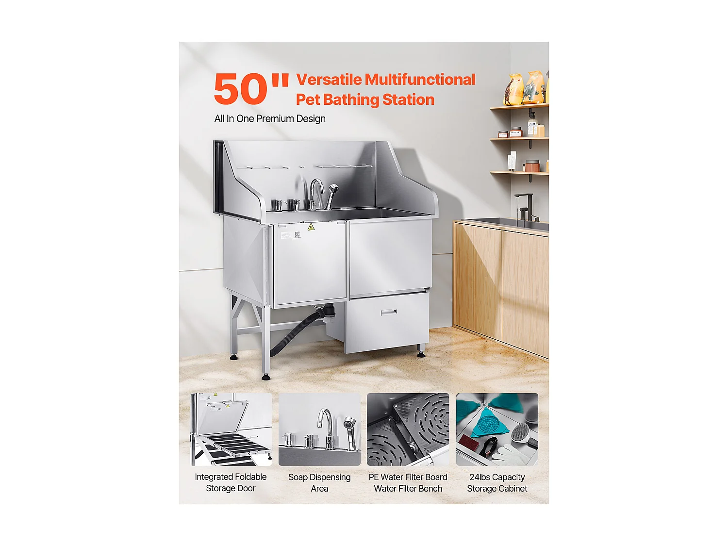 Baignoire de Chien SucceBuy, Animaux Compagnie Acier Inox 127,5cm, Rampe Porte Gauche