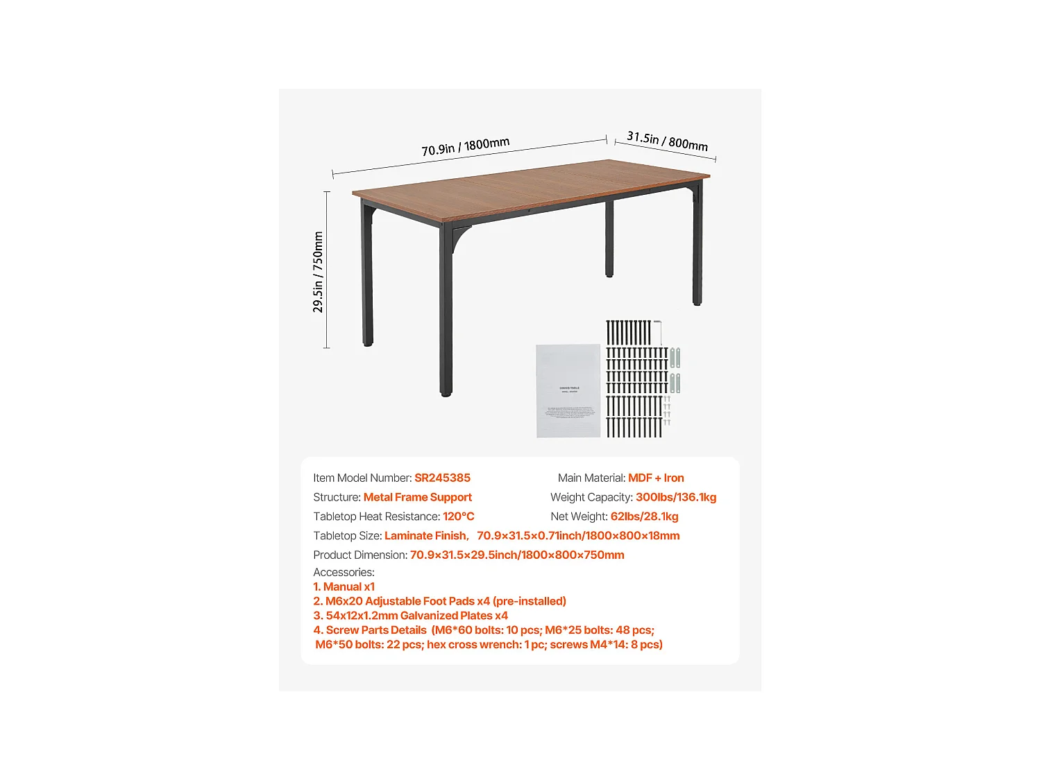 SucceBuy Table de Salle à Manger Rectangulaire en Bois, 180 cm pour 6 à 8 Personnes