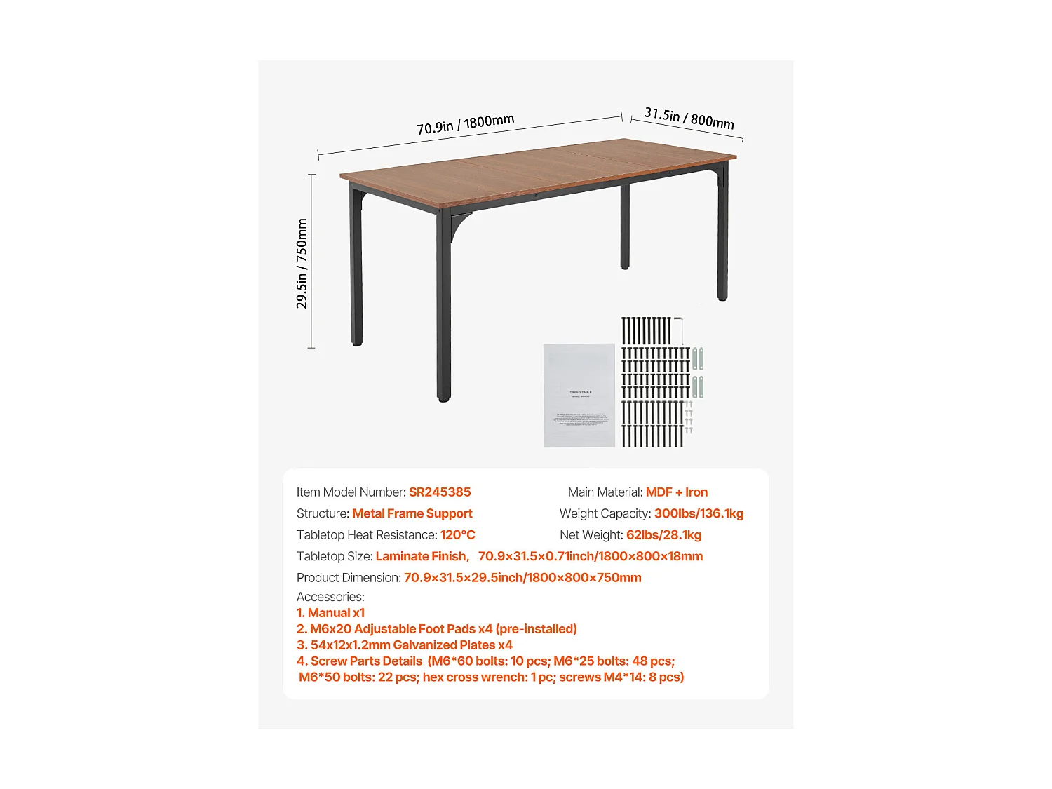 SucceBuy Table de Salle à Manger Rectangulaire en Bois, 180 cm pour 6 à 8 Personnes