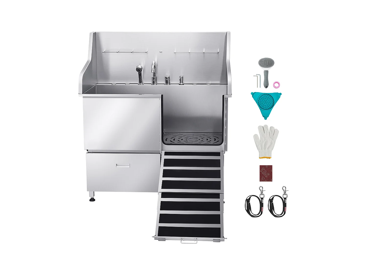 Baignoire de Chien SucceBuy, Animaux Compagnie Acier Inox 127,5cm, Rampe Porte Droite