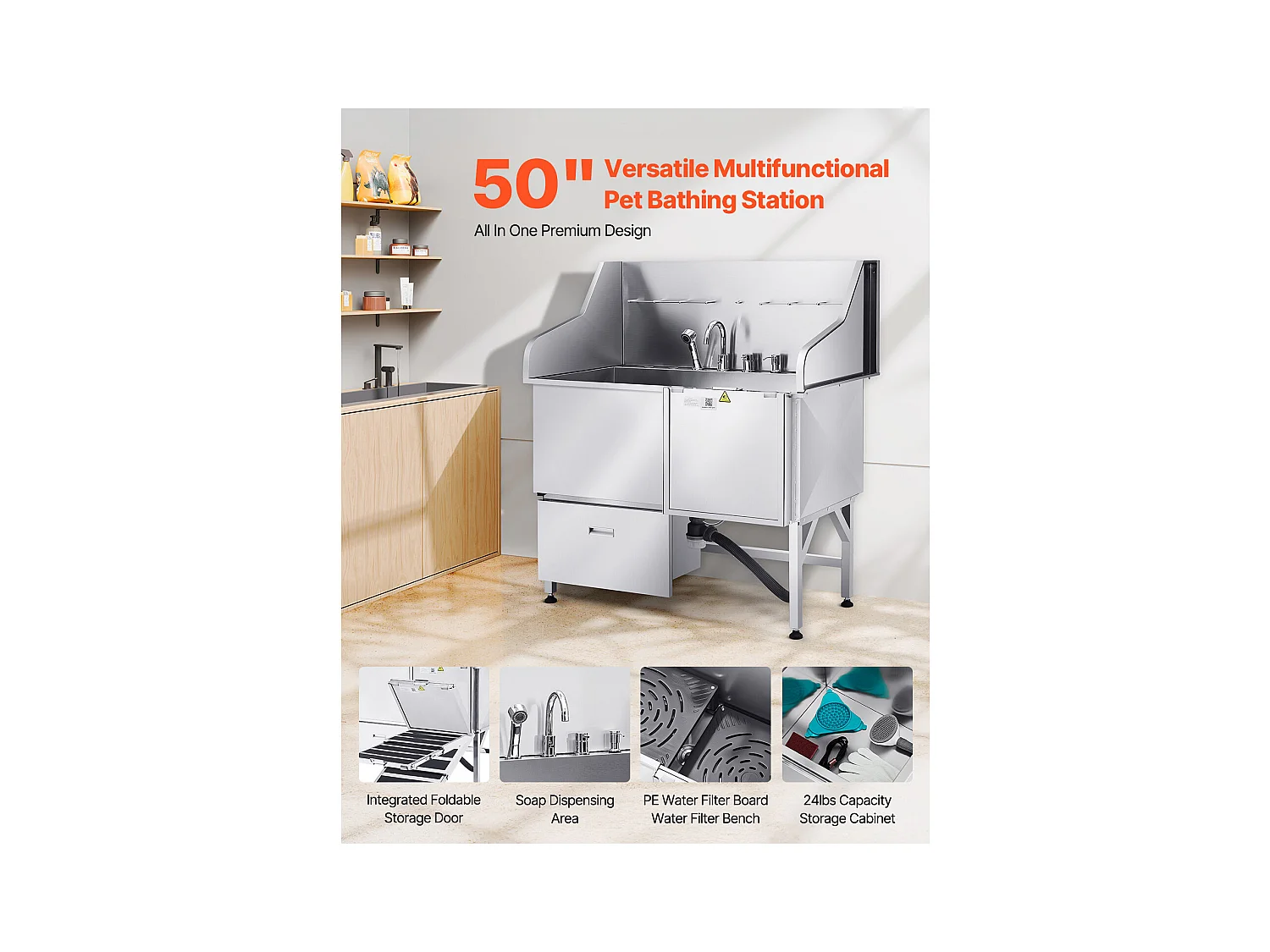 Baignoire de Chien SucceBuy, Animaux Compagnie Acier Inox 127,5cm, Rampe Porte Droite