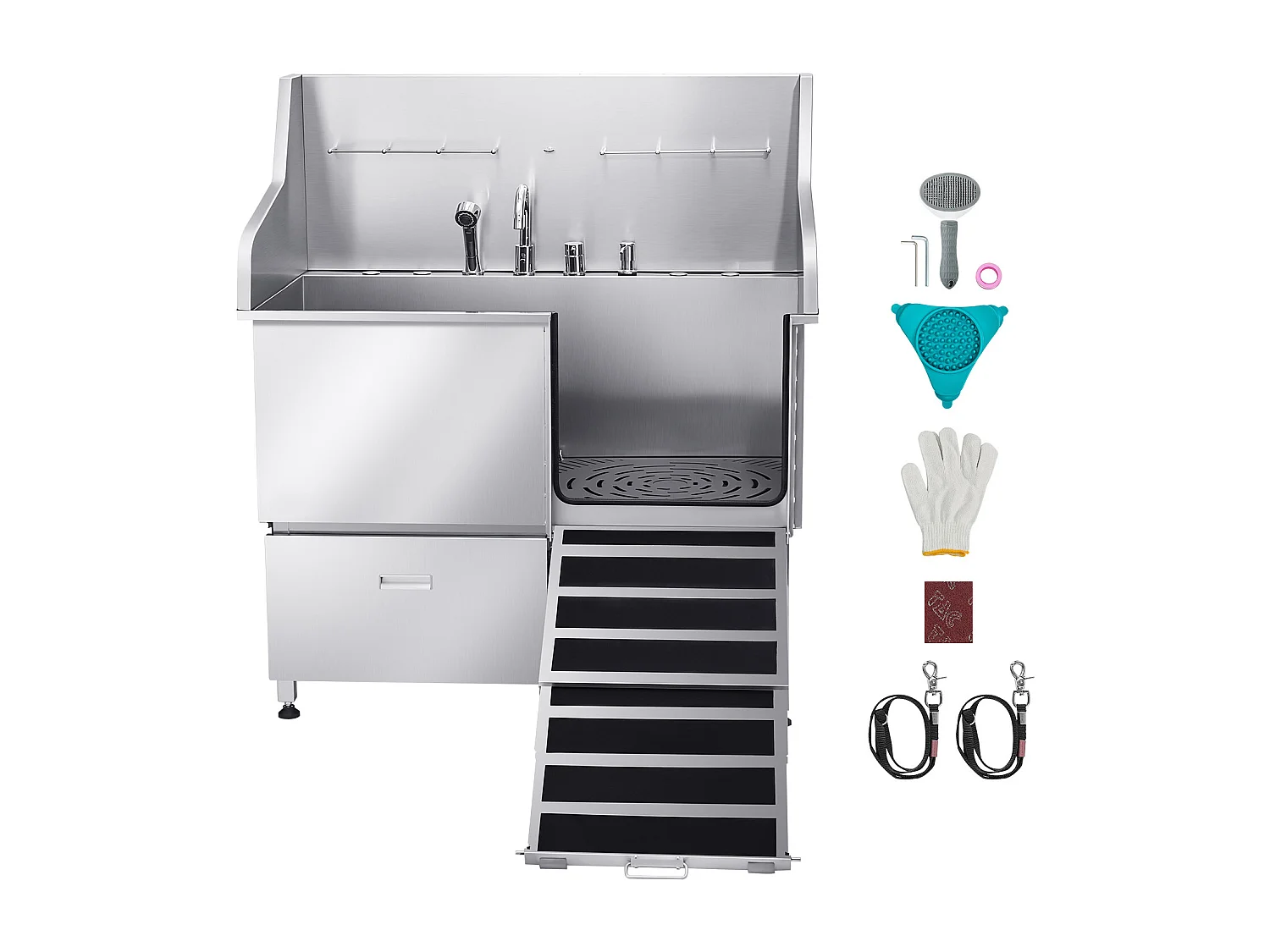 Baignoire de Chien SucceBuy, Animaux Compagnie Acier Inox 127,5cm, Rampe Porte Droite