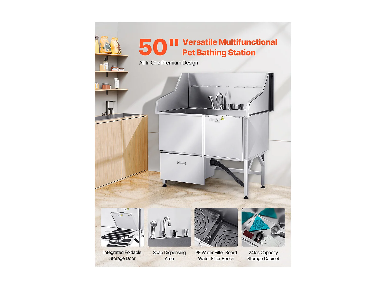 Baignoire de Chien SucceBuy, Animaux Compagnie Acier Inox 127,5cm, Rampe Porte Droite