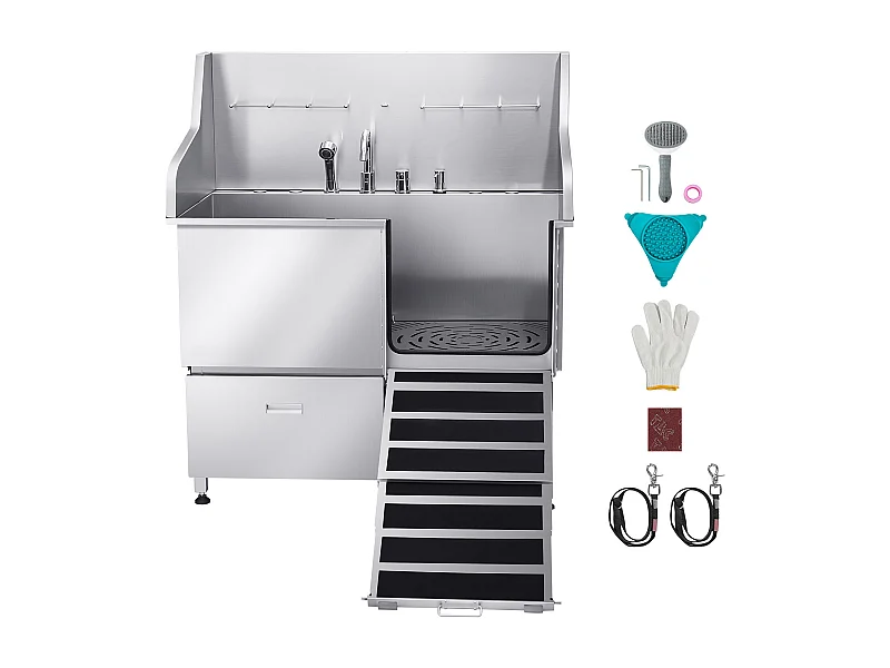 Bañera para Perros SucceBuy, Animales de Compañía Acero Inoxidable 127,5cm, Rampita de Puerta Derecha